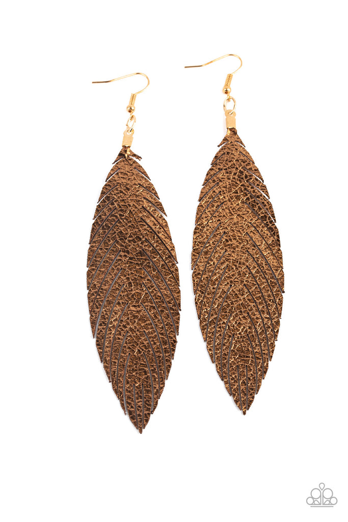 Feather Fantasy - Gold Leather Earring-Paparazzi Accessories